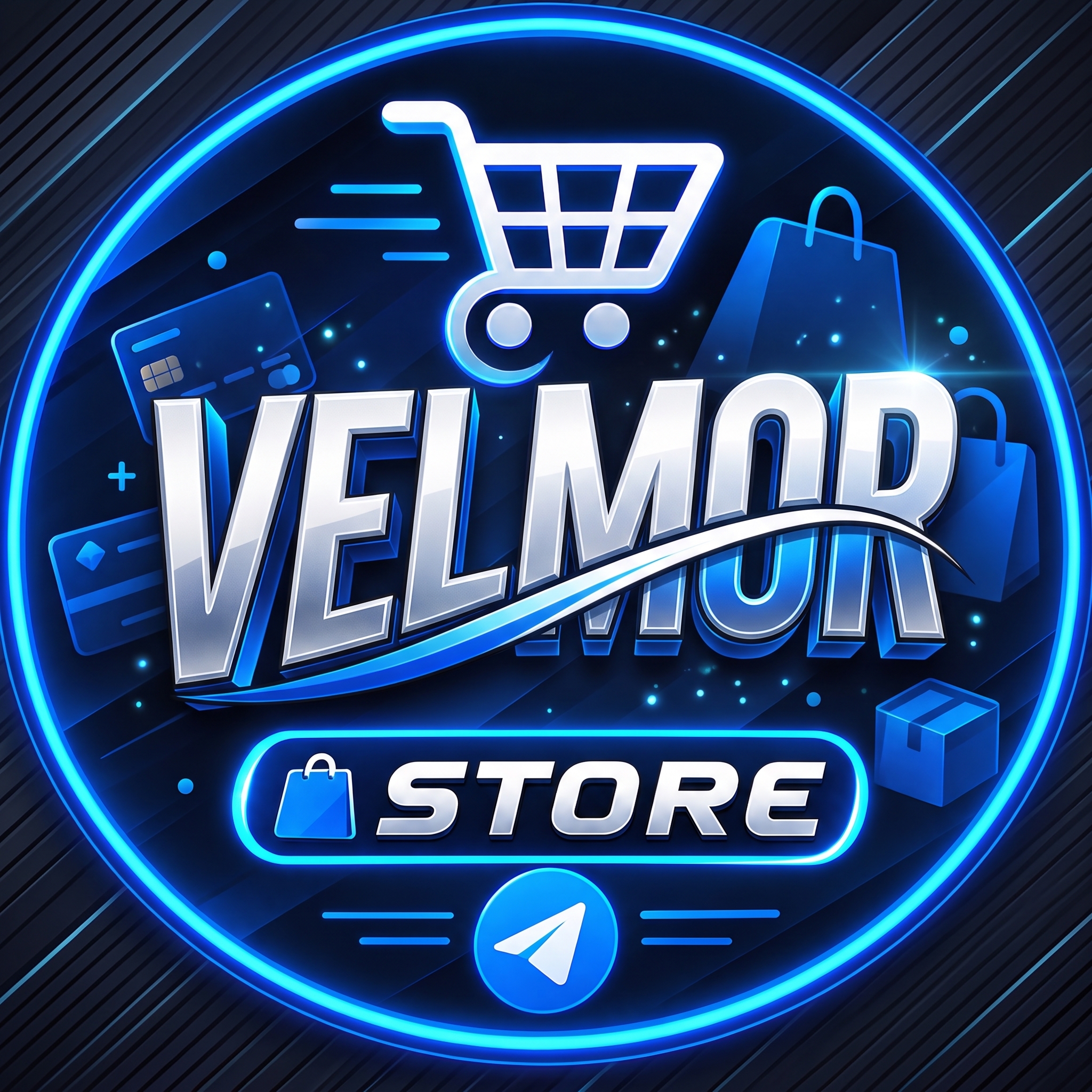 شعار VELMOR STORE باللون الأزرق والفضي